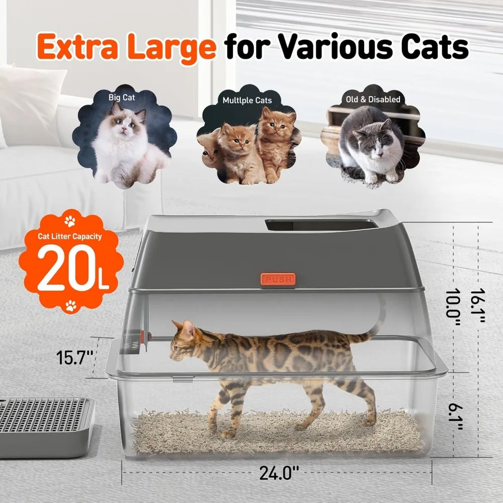 High-Sided Box for Big Kitty with Scoop, Top Entry, Odor Control, Anti-Leakage, Easy Clean, Stainless Steel Cat Litter Box