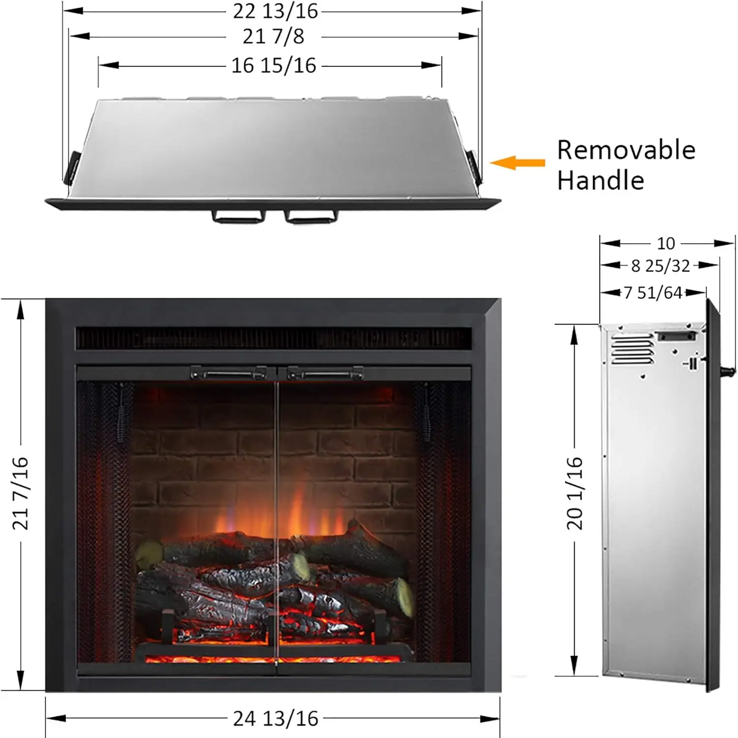 Electric Fireplace Insert with Fire Crackling Sound Glass Door and Mesh Screen,750/1500W,Black,22 13/16 Wide,20 1/16 Inches High