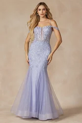 Tulle Off-the-shoulder Strapless Mermaid Evening Dresses Lace Appliques Sleeveless Sheer Corset Prom Gown Long Formal Ball Gowns