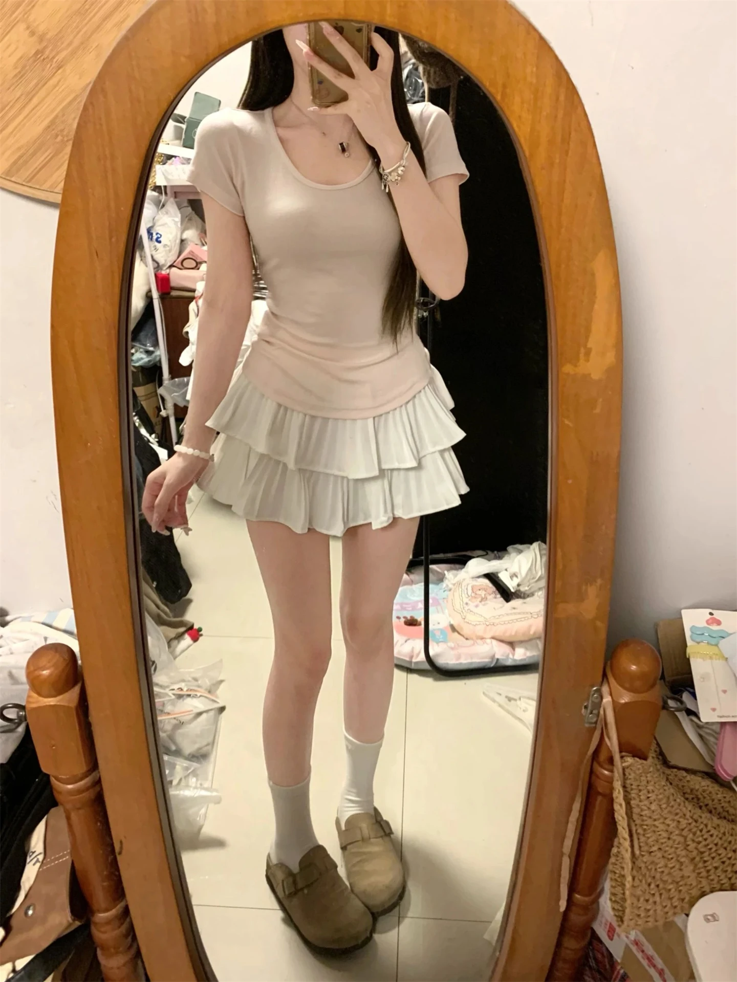 

Sweet Fluffy Skirt Women's Small Size Pleated Cake ort Skirt plus Size Fat Sister Spring Autumn Retro White Skirt