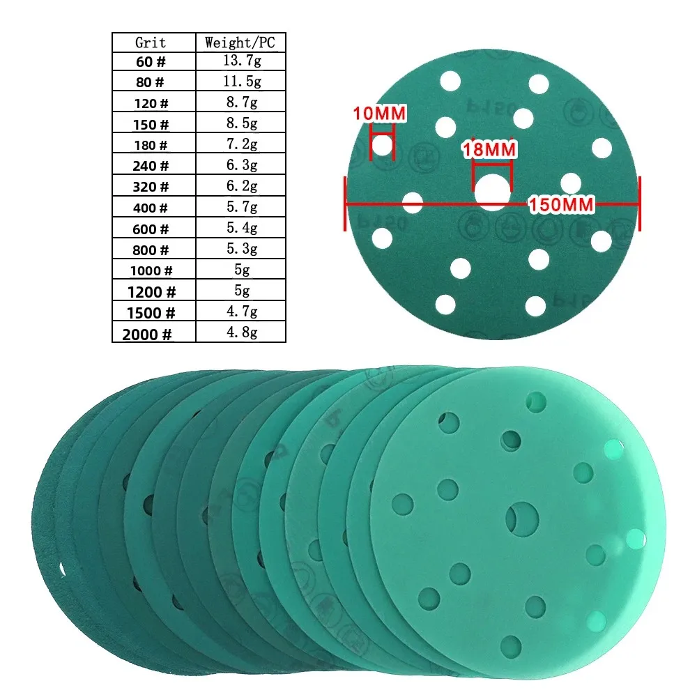 35Pcs 6 Inch 150mm 15 Holes Sandpaper 60 to 2000 Grits Hook and Loop Green Film Sanding Disc For Polishing and Grinding
