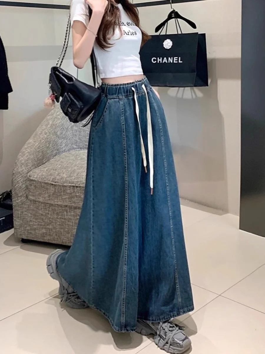 Plus Größe Vintage Hohe Taille Dstring Denim Rock frauen Frühling Herbst Lose Fit A-Line Langen Rock Abnehmen Wirkung