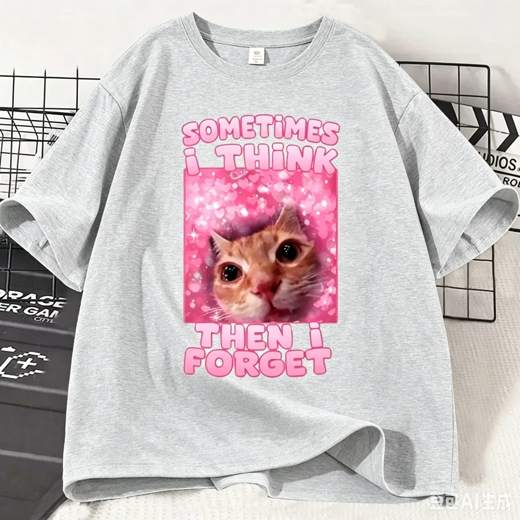 New Sometimes I Think Then I Forget Funny Cat Meme Shirt Adult and Kids Stupid Humor Cats T-shirt Fashion Short Sleeve Tops