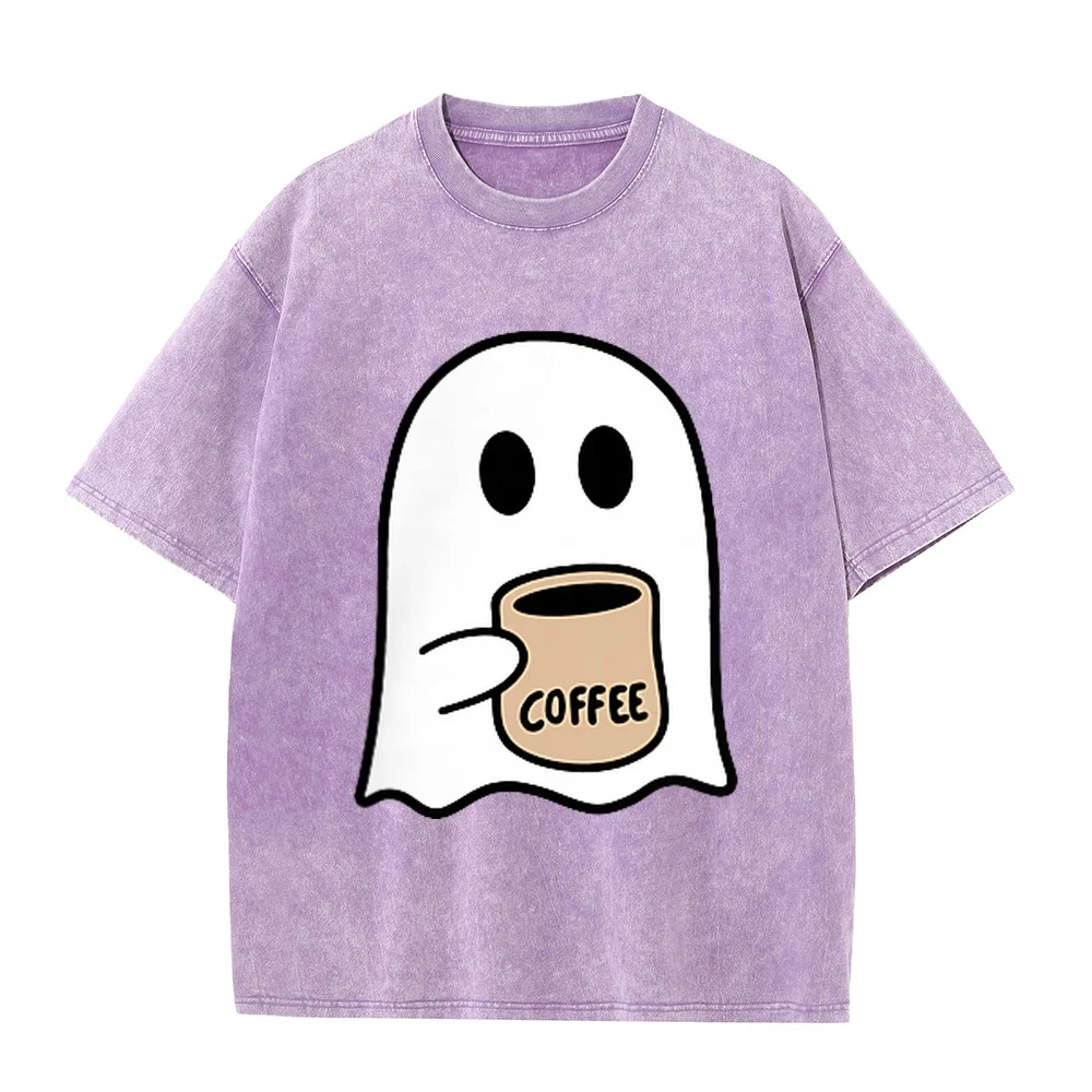 Ghost Drinking Coffee Funny Halloween Costume Lover T-Shirt ملابس Short Sleeve Women Casual Tee Cotton T Shirt Humor Summer Top
