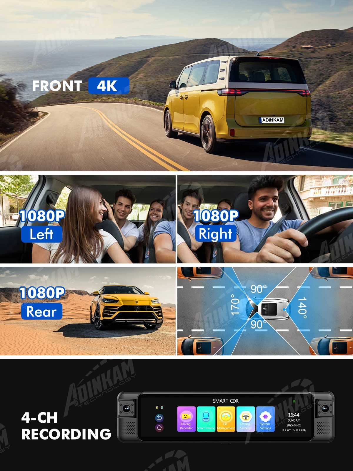 Adinkam 4CH 11 Inch 4K Rearview Mirror Dash Cam With ADAS BSD LCA WiFi Night Vision 24H Parking Monitor Time-Lapse 360° Car DVR