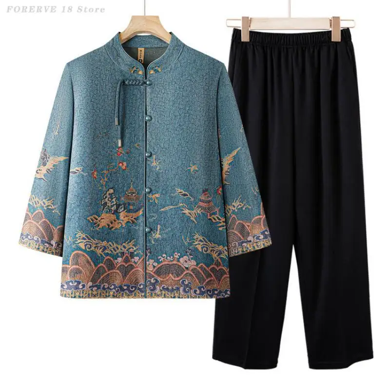 

Long sleeved Thin Tang Suit Spring Summer Printed Top&Pant 2 Piece Set Women Elegant Vintage Loose Outfit Traditional Blouses