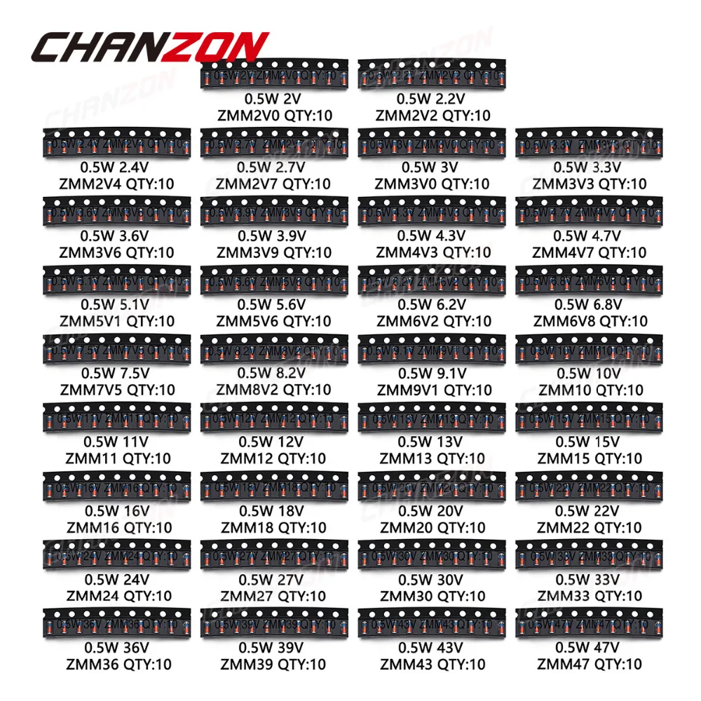 34 wartości 0,5 W SMD Zestaw diod Zenera 2 V 3 V 3,3 V 3,6 V 5,1 V 5,6 V 7,5 V 10 V 12 V 13 V 15 V 16 V 18 V 20 V 22 V 24 V 30 V 36 V 39 V 47 V