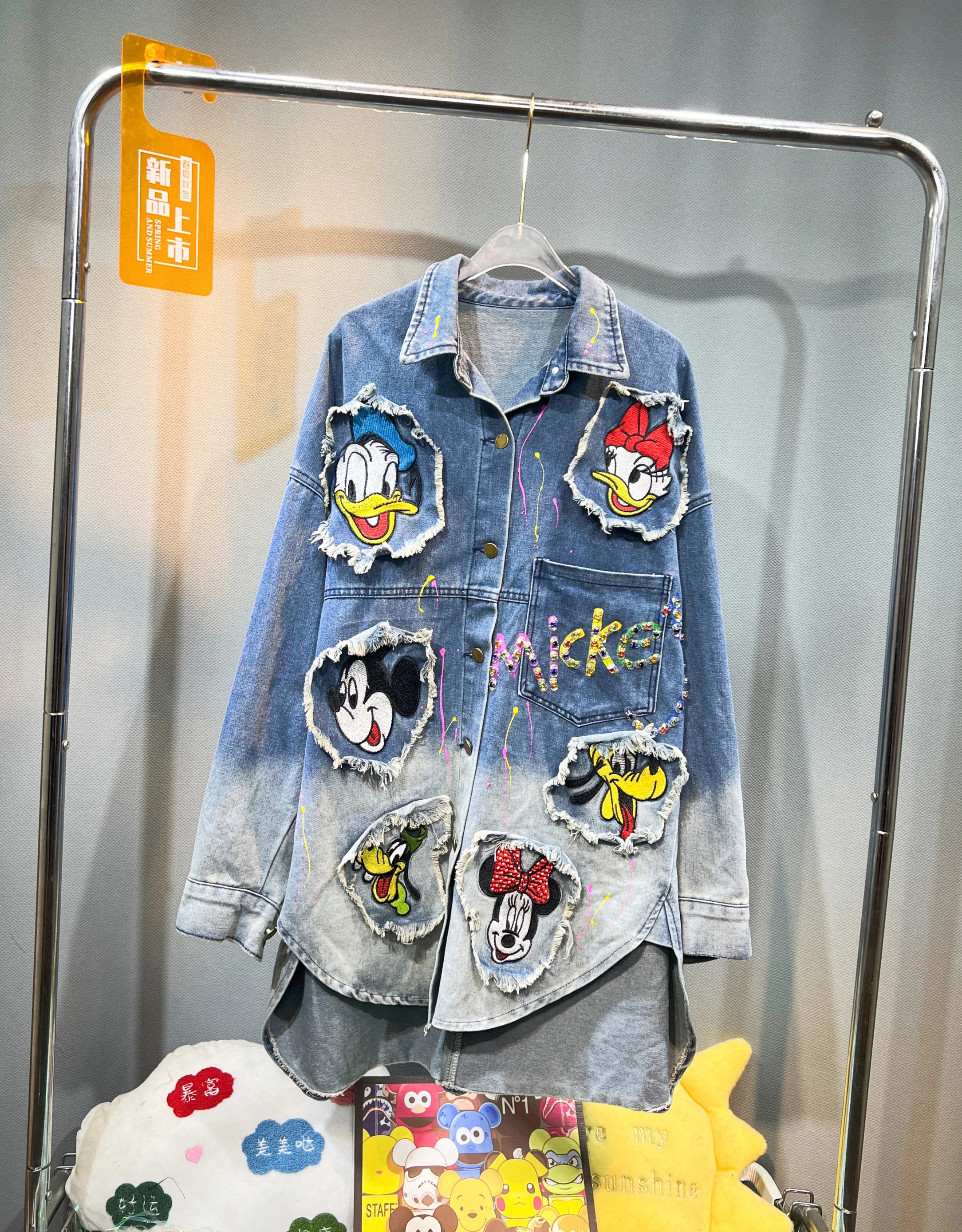 2024 Autumn New Retro Fashion Loose Versatile Gradient Colored Washed Denim Jacket Cartoon Sticker Bead Embroidered Shirt Women