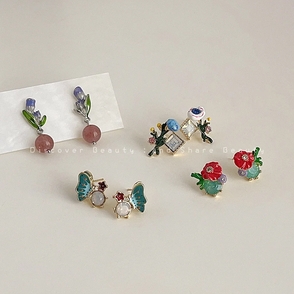 

Серьги-гвоздики DIY с эмалью и цветочным узором в корейском стиле, милые, нежные, свежие, нишевый дизайн, модные.