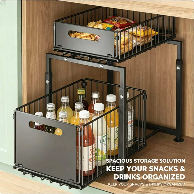 

2 Tier Space Saving Pull Out Under Sink Organizer Sliding Kitchen Cabinet Storage Basket for Spice Bottle Can Snack