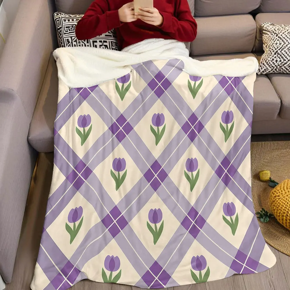 Purple Argyle Tulip Flannel Blanket Warm Soft Halloween Christmas Decorative Couch Warm Cozy All-Season Gift