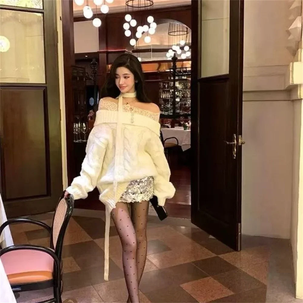 Sweter Kerah Slash Elegan Wanita Fashion Patchwork Renda Rajutan Pullover Gaya Korea Longgar Pakaian Rajut Musim Dingin Lengan Panjang Pullover