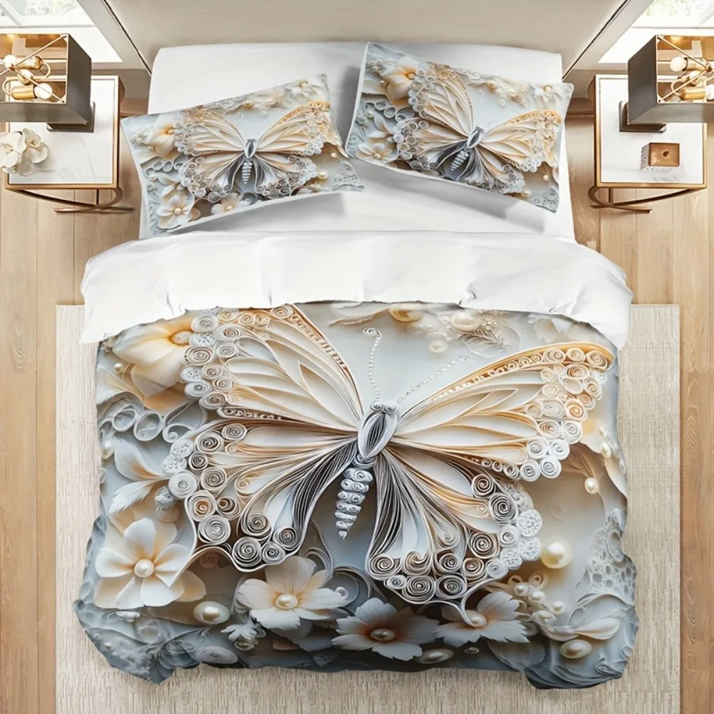 

3pcs Champagne Bedding Set Butterfly Flower Printed Cozy Duvet Cover Set King Queen Twin Single Size Birthday Gift Bedroom Decor