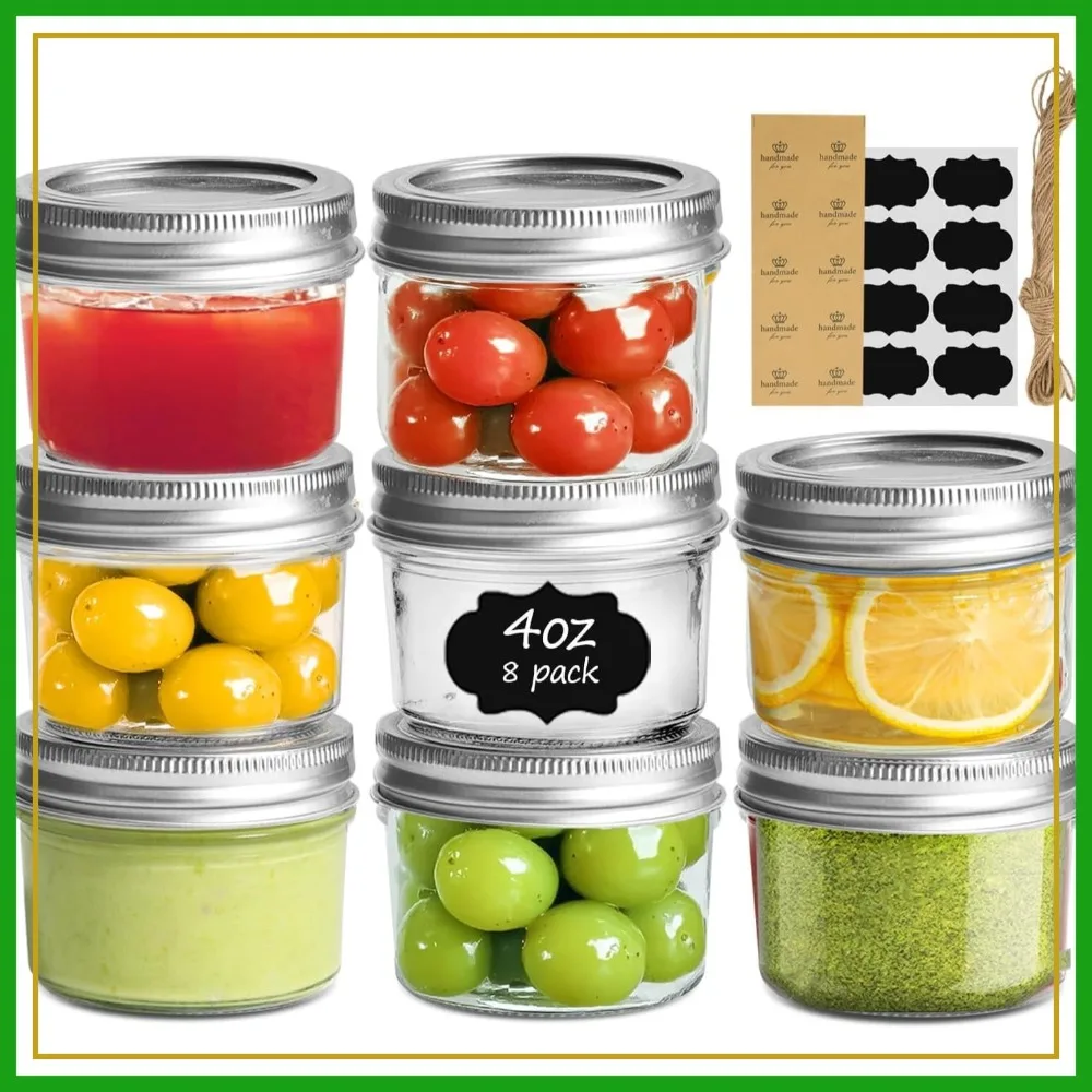 

4oz Mini Mason Jars 8 Pack, Small Glass Canning Jars with Lids, for Spice, Jam, Honey, Jelly, Dessert, DIY Candles