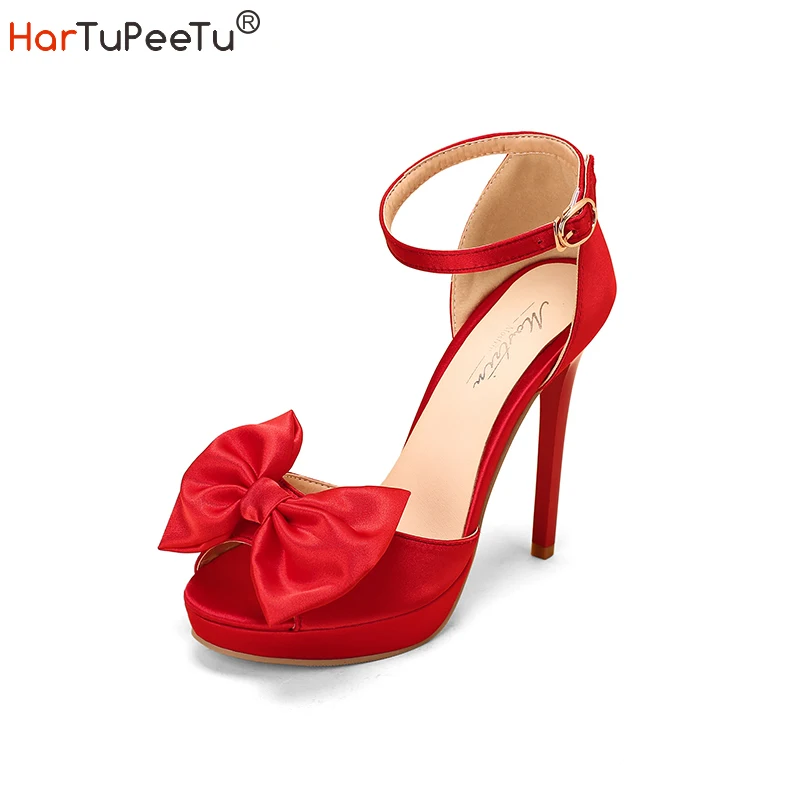 Fashion High Heel Sandal Women 2024 Summer Stiletto Size 34-50 Peep Toe Satin Platform Shoes Bow Red Black Dress Footwear