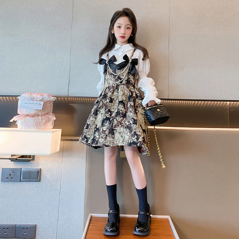 2023 Autumn New Girls Dress Suit White Shirt + Vintage Animal Print Mini Dress Bow Strapless Dresses Long Sleeve Children's Suit