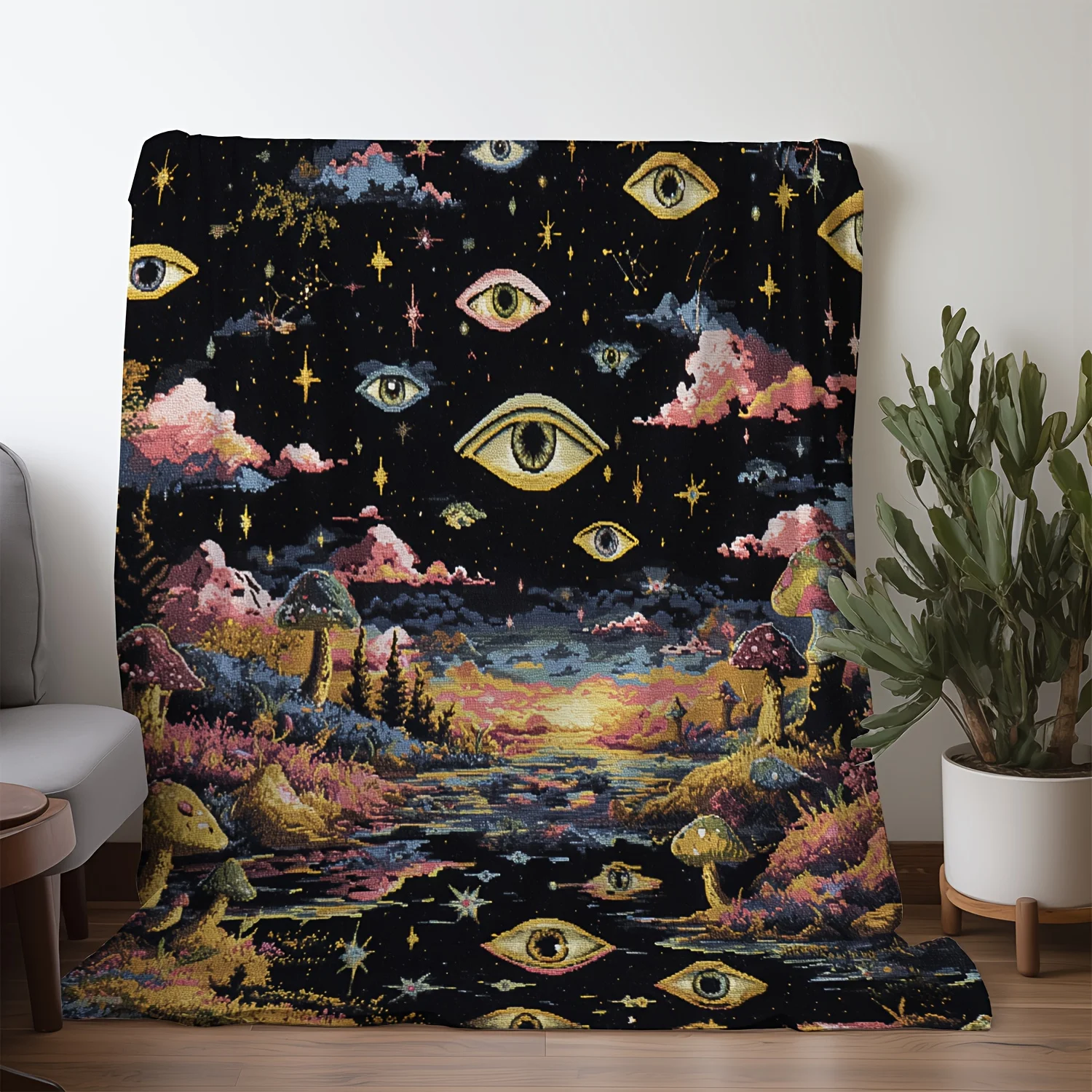 1pc Vintage Starry Sky & Mushroom Fantasy Flannel Blanket - Soft Warm All-Season Throw with Mystical Eyes & Clouds Design, Vibra