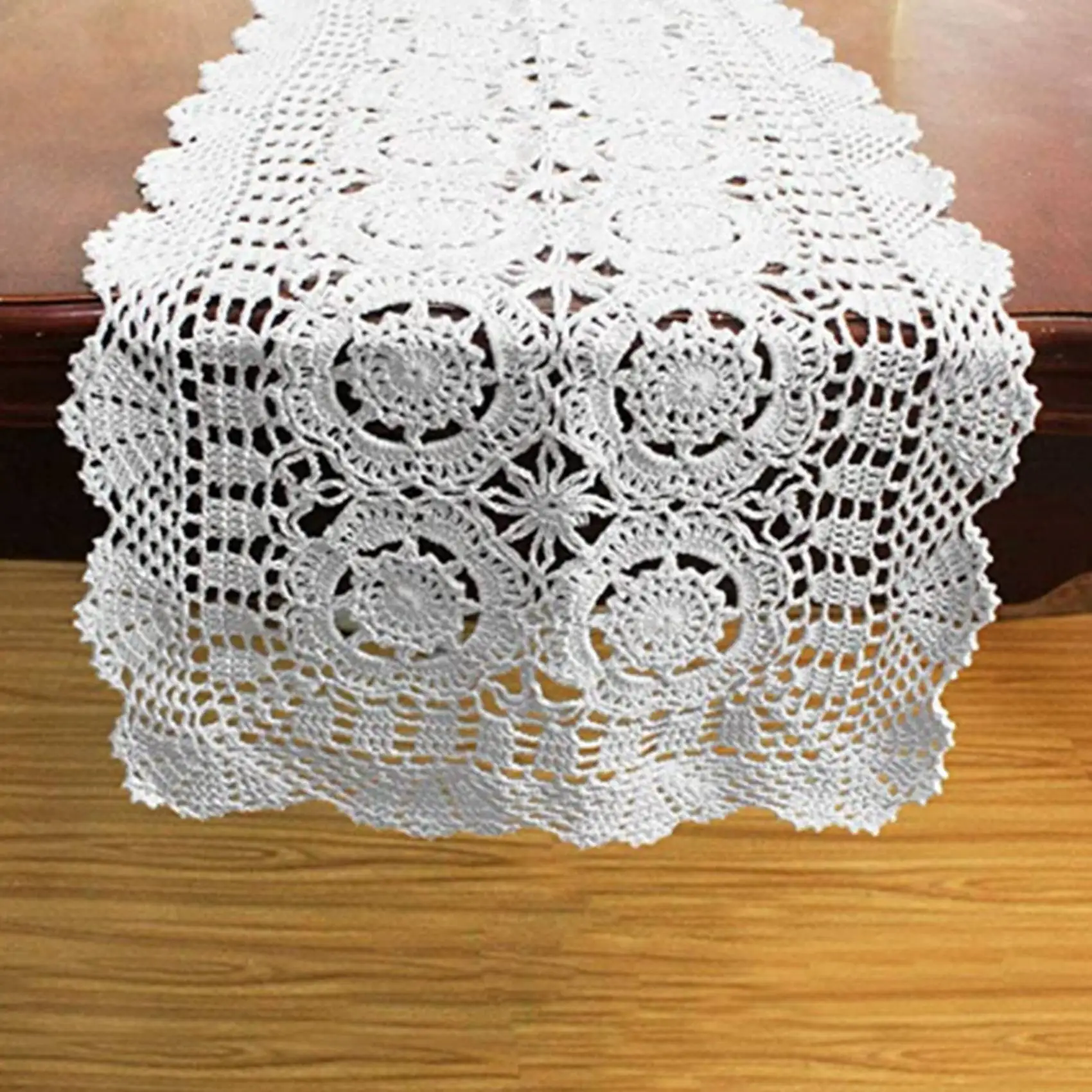 KYCOR-2X Cotton Handmade Crochet Lace Table Runner White Rectangle Coffee Table Dresser Decor