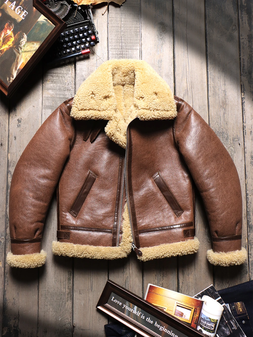 

Original Australian Imported Leather and Fur Integrated Men's B3 Flying Suit, Genuine Leather, Real Wool, Sheep Skin