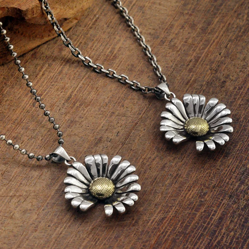 Korean Style Trendy Personalized S925 Silver Pure Silver Small Daisy Necklace Sunflower Silver Pendant Hip-Hop Accessory