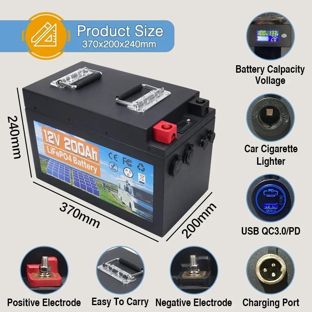 New 12V 200Ah LiFePO4 Lithium Iron Phosphate Rechargeable Battery Bulit-in BMS For RV Campers Golf Cart Solar Storage + Charger