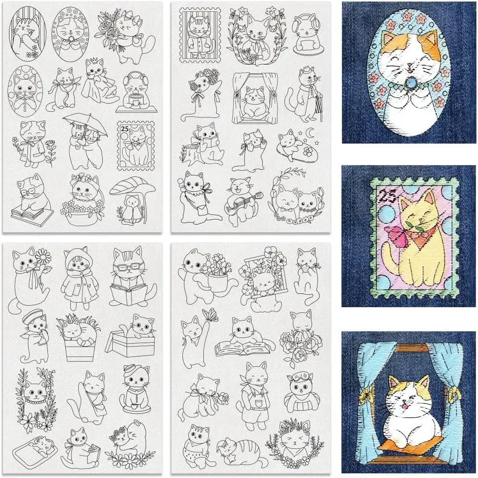 4-Sheet Cat Embroidery Stabilizer - Water-Soluble Self-Adhesive Paper with Cute Feline Friends Designs for DIY Sewing Projects