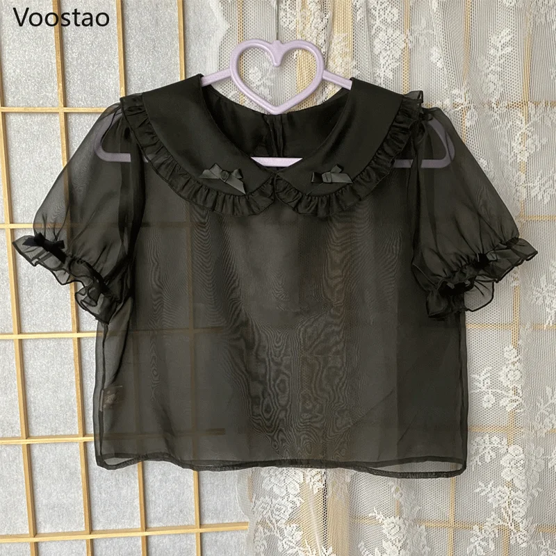 Japanese Sweet Lolita Blouses Women Harajuku Kawaii Bow Ruffles Peter Pan Collar Shirts Girl Gothic Y2k Puff Sleeve Blusas Mujer