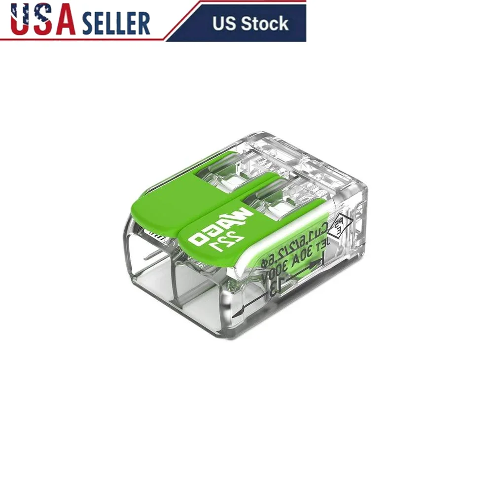 

Eco-Friendly WAGO Splicing Connector 2 Pole 12-24 AWG Quick Connect UL486C Solid Stranded Wire Green Range