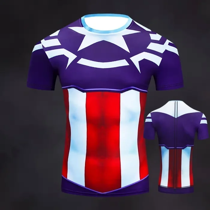 تي شيرت صيفي للرجال من COS Marvel Captain America ملابس تدريب اللياقة البدنية للبالغين والأطفال ملابس الوالدين والطفل
