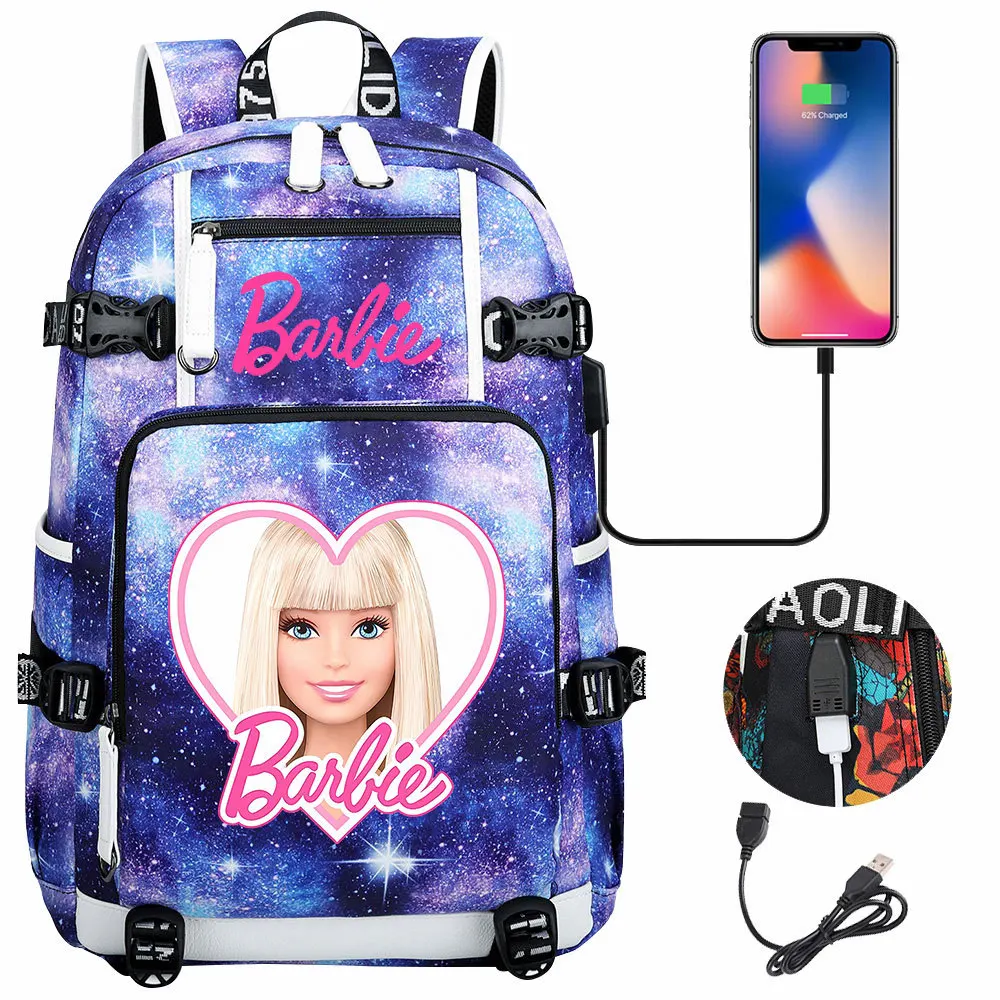 New Barbie the movie Girls Boys Kids Backpack Teenager USB Charging Laptop Backpack Women Men Rucksack Mochila Travel Bag