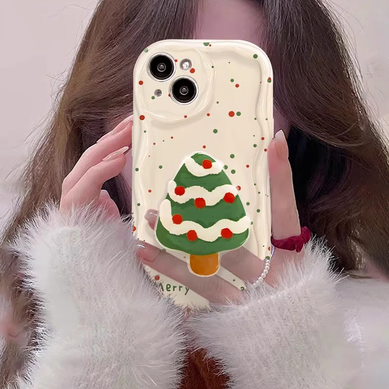 Lovely Santa Christmas Tree Stand Holder Phone Case For iPhone 15 16 Pro Max 16 15 14 Plus 13 12 Mini 11 XR XS 8 7 Plus