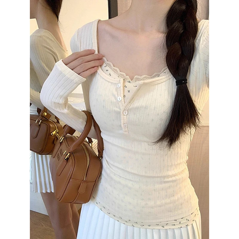 Spring And Autumn American Style Pure Seductive  Floral Fake Two-Piece Blouse  Women's Long Sleeve Slim-Fitting Slimming T-Shirt
