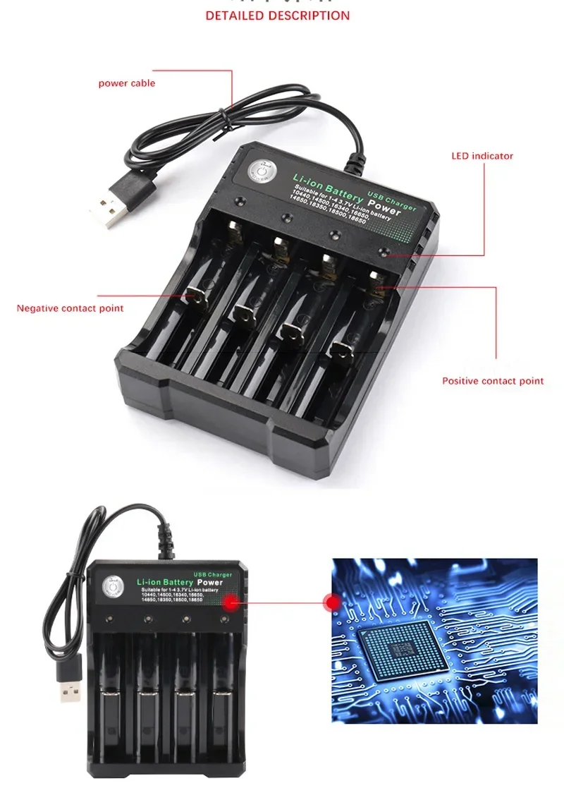 USB AC 110V-220V 18650 Battery Charger 4 Slots For 0440 14500 16340 16650 14650 18350 18500 Charging 3.7V Rechargeable