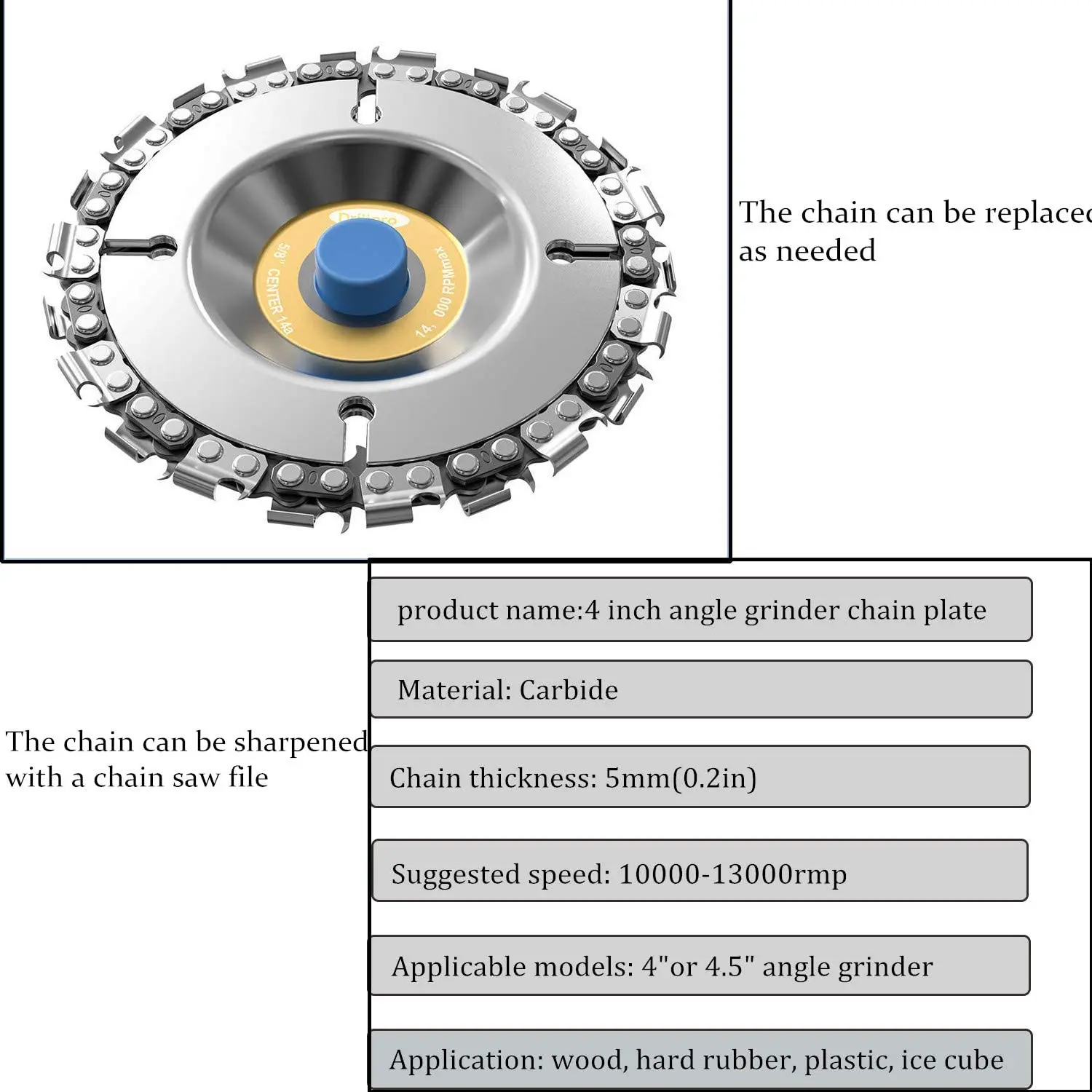 Grinder wood carving chain saw disc 4inch grinder wheel Cutting Shaping Chain Blade for 100/115 Angle Grinder 22Teeth 5/8' Arbor