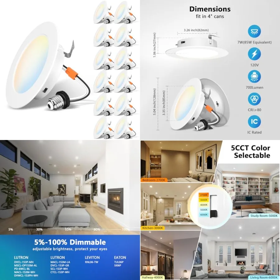 

4 Inch LED Recessed Lights, LED Can Lights, Color Selectable 2700/3000/4000/5000/6000K 5CCT, 7W 700LM, Dimmable Recessed Lighti