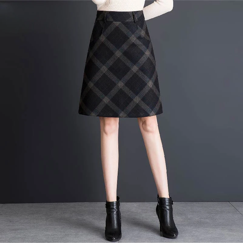 

2023 Autumn Winter Women Fashion High Waist A-line Skirts Female Knee-Length Plaid Skirts Ladies Pockets Woolen Skirts U457