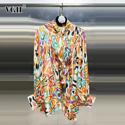 VGH Hit Color Printing Casual Shirts For Women Lapel Long Sleeve Spliced Single Breasted Minimalist Loose Louses Female Style