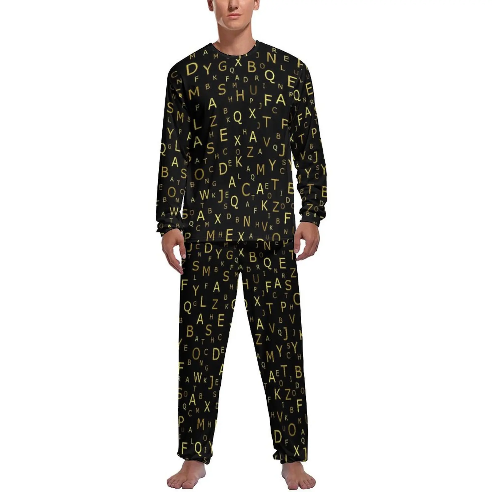 

Golden Letter Pajamas Alphabet Print Mens Long Sleeves Retro Pajama Sets 2 Piece Casual Spring Design Sleepwear Gift Idea