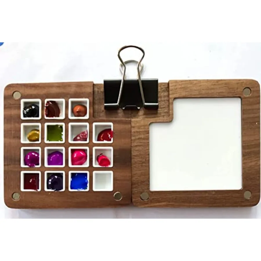 Portable Sketchbook Palette 15 Grids Wooden Mini Travel Paint Palette Magnetic Palette Box for Watercolor Painting, Acrylic Pai