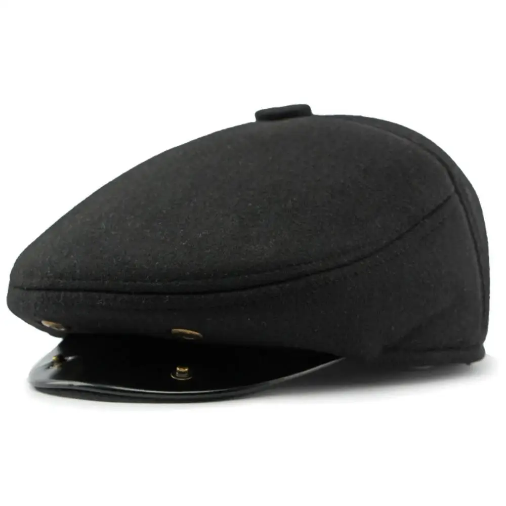 HT4287 Thick Warm Winter Caps for Men Solid Black Grey Flat Cap Male 5 Panels Beret Hat with Ear Flaps Beret Caps