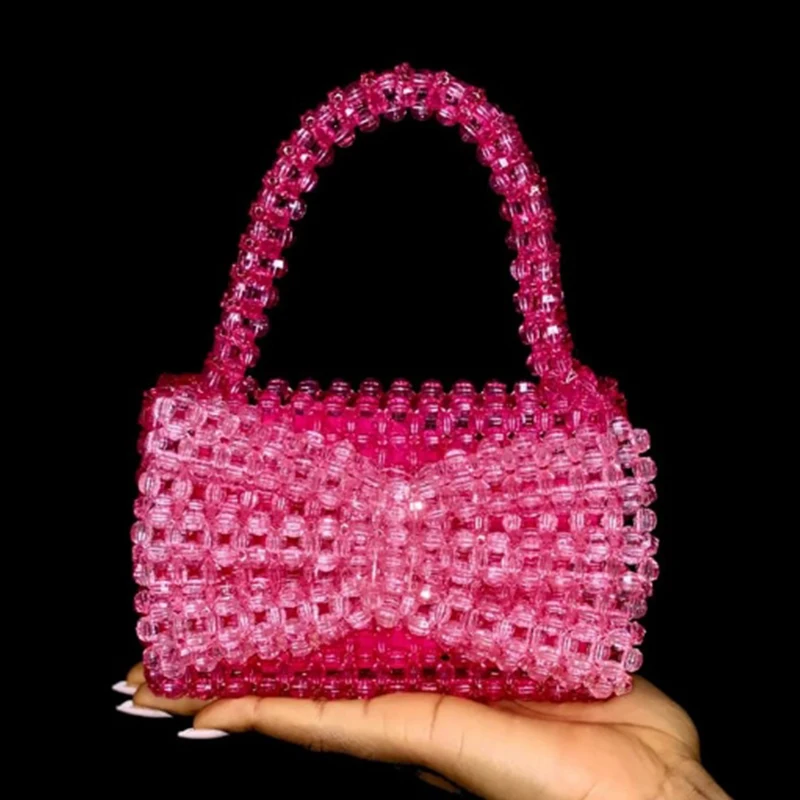 

Cute Girl Pink Bow Design Women's Bags New Ins Exquisite Ladies Small Square Bag Handmade Bead New in Handbags for Women