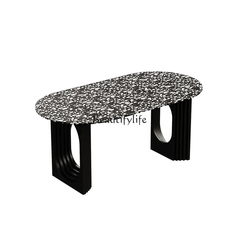 French retro terrazzo dining table oval light luxury marble small apartment household cream style