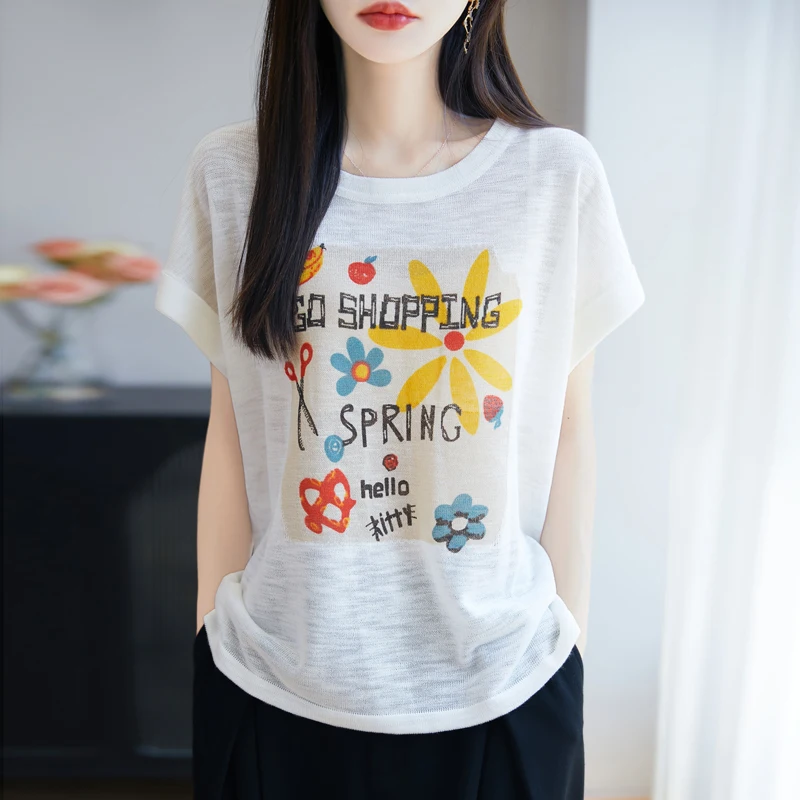 

2025 Summer New Sleeves Round Neck Thin Style 100% Bamboo Hemp Short Sleeve Women's Embroidery Loose and Slim, Breathable Casual