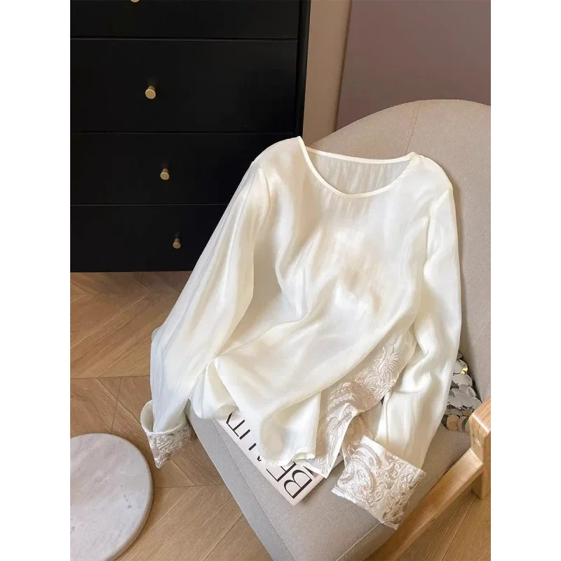 Floral Embroidered Satin Silk Blouses Women Long Sleeve Loose White RetroShirts Vintage Chinese Style Cheongsam Top