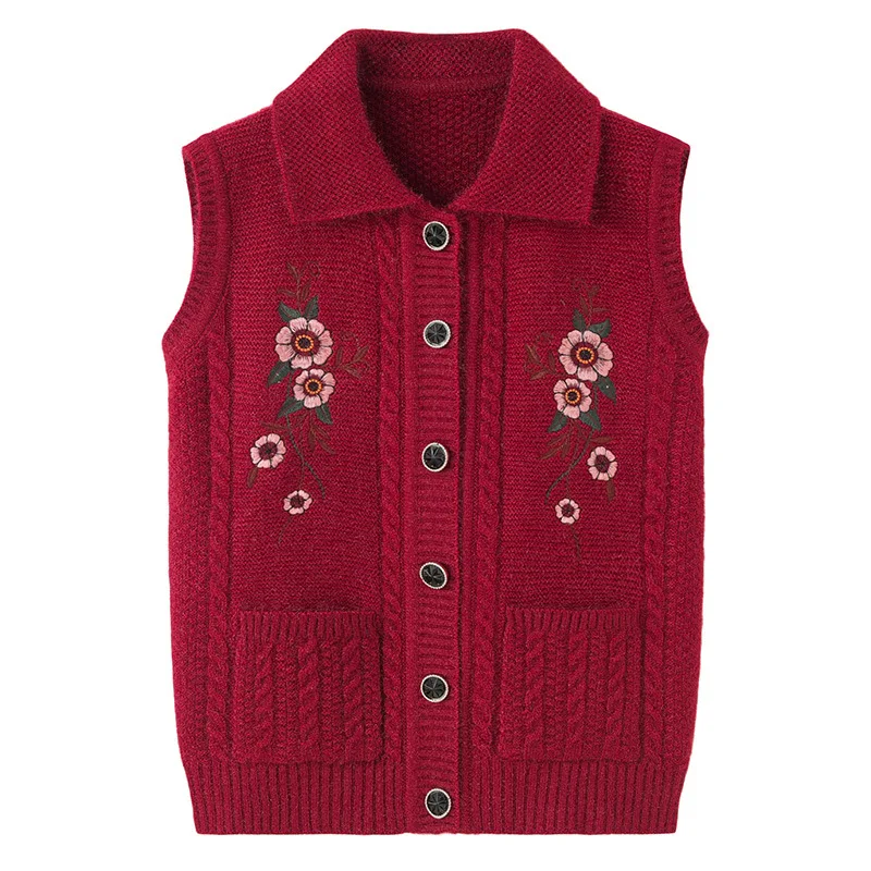 

Middle-aged Elderly Women Vest Spring Autumn Embroidered Knitted Sweater Cardigan Sleeveless Vest Jacket Waistcoat Female Tops