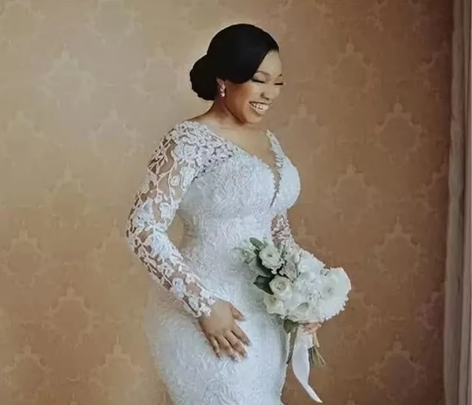 

Роскошные свадебные платья русалки с v-образным вырезом по индивидуальному заказу, платья невесты, кружевные аппликации, бисерные платья с длинными рукавами, Vestido De Novia