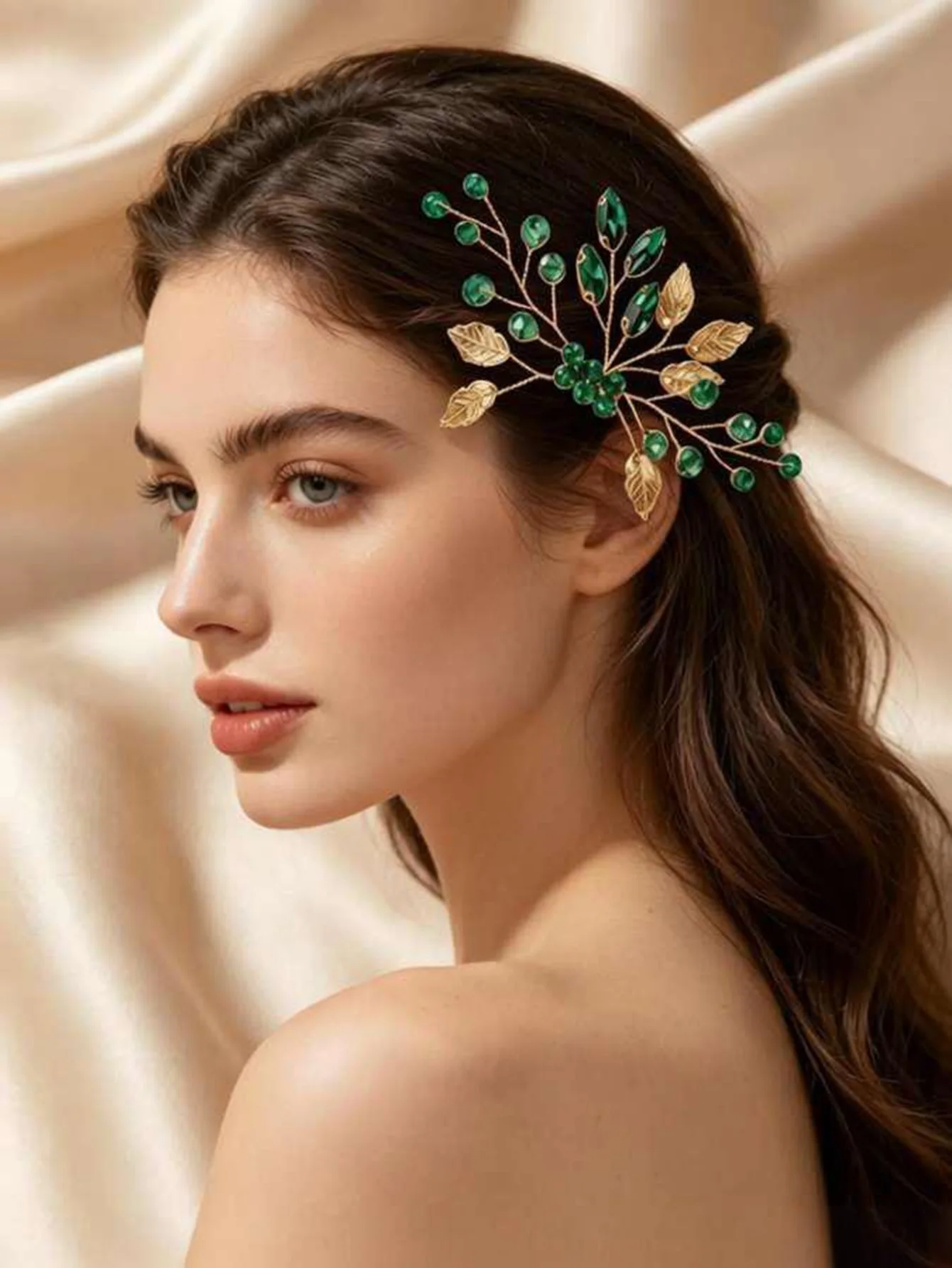 European and American Style Emerald High-End Elegant Crystal Hair Comb with Golden Leaf Side Comb Wedding Hair Accessory