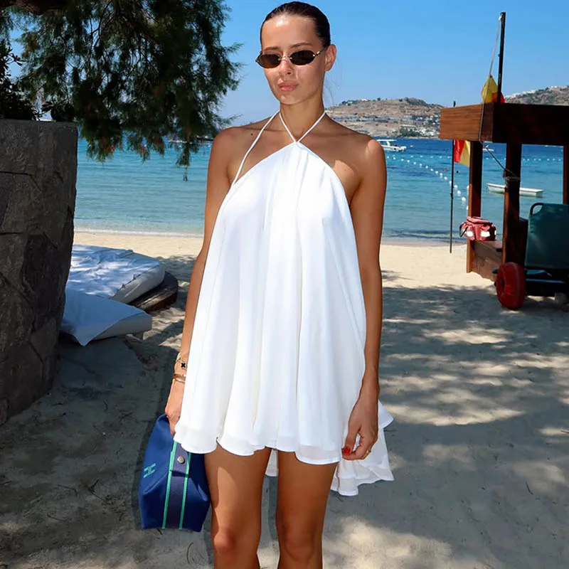 Elegant Mesh Dress For Women Off Shoulder Halter Neck Mini Dresses Summer Loose Beach Party Sexy Backless See Through Dress 2026