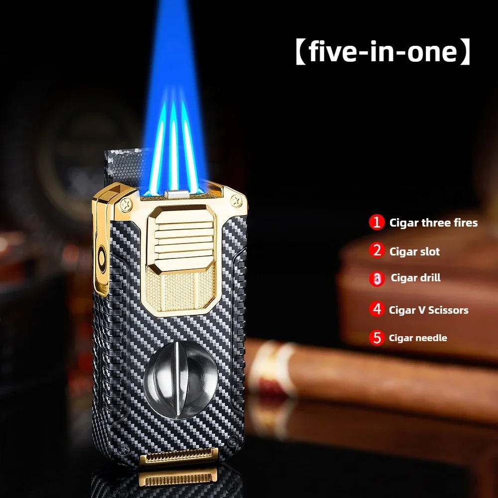 Creative Three-fire Five-in-one Lighter for Cigars. Comes with V-shaped Cigar Cutter. Portable Multifunctional Gas Lighter