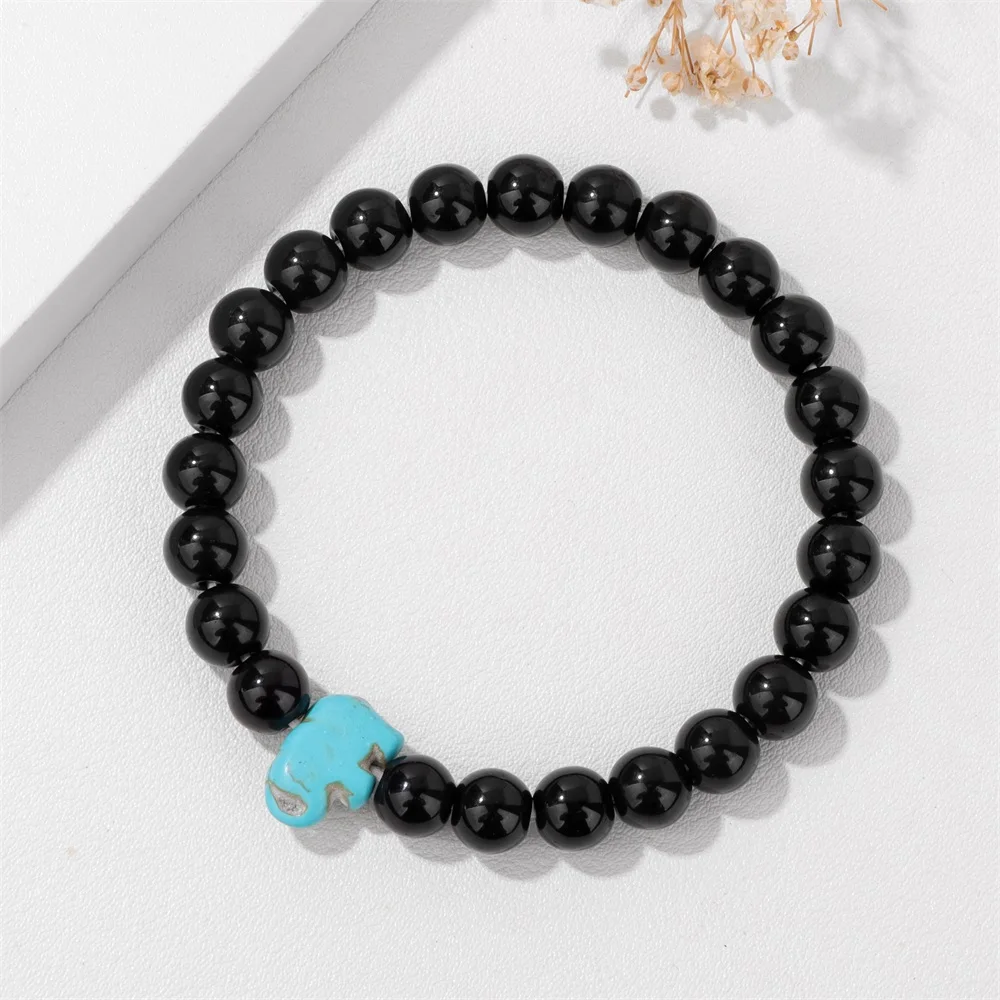 Blue Turquois Elephant Charm Bracelet Natural Pink Quartzs Amazonite Stone Bead Bracelet Cute Animal Elephant Charm Bangle Gift view 3